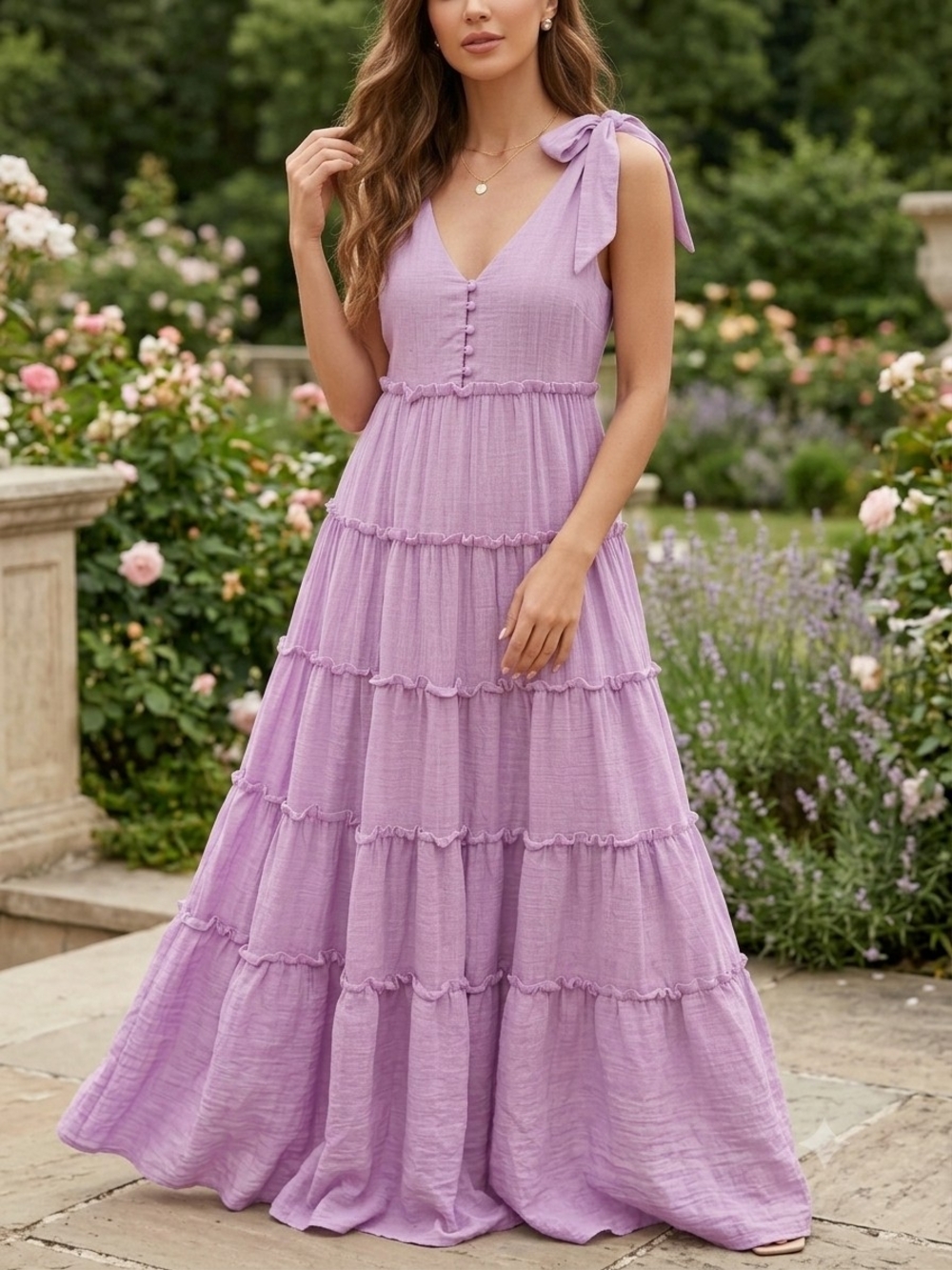 English Laundry Lavender Tiered Maxi Dress with Shoulder Tie